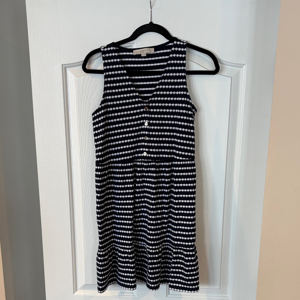 LOFT Navy and White Striped High Low Dress